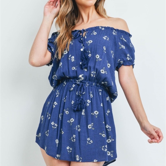 Off Shoulder Blue Floral Dress - Picture 5 of 11